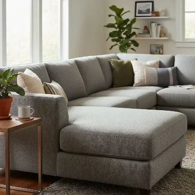 A cozy living room with a Burrow Nomad sectional, emphasizing its low-maintenance fabric.