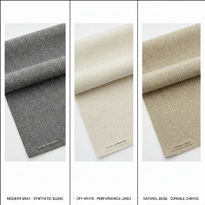 A collage or split image showcasing different washable slipcover fabric textures like a tight-weave synthetic blend, a soft performance linen, and a durable canvas, with small labels indicating their properties.