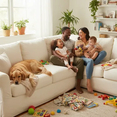 A happy family (parents and two young children) with a dog lounging comfortably on a spacious sectional sofa with washable slipcovers, illustrating a relaxed, worry-free home environment.