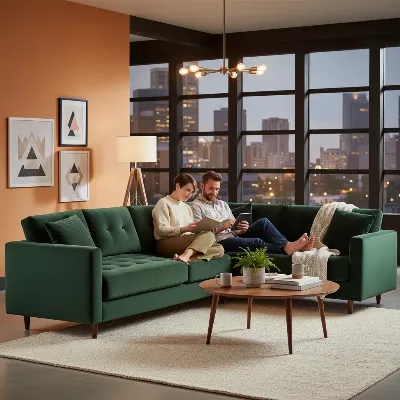 A couple relaxing comfortably on a spacious Joybird Lewis sectional sofa, demonstrating its deep seating and plush cushions in a modern living room.