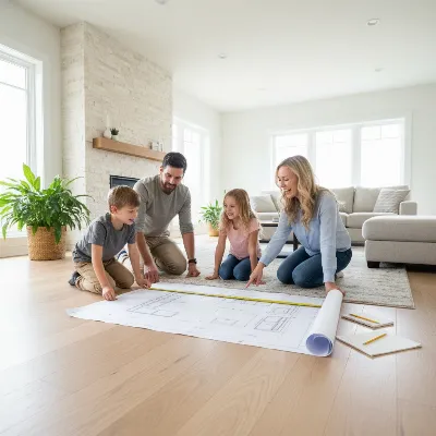 A family measuring their spacious living room with tape measure and blueprints for a new oversized sectional sofa.