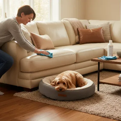 A person gently wiping a leather sectional sofa with a soft cloth while a small, well-groomed dog watches from a pet bed nearby, illustrating proper pet-friendly sofa maintenance.
