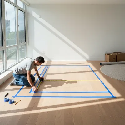 A homeowner uses blue painter's tape to outline the footprint of a sectional sofa on a living room floor, with a tape measure extended to verify dimensions, natural light, realistic style