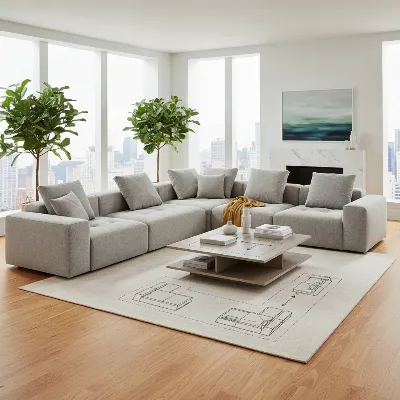 A versatile modular deep-seated sectional sofa configured in an L-shape within an airy, modern living room, showcasing different possible arrangements.