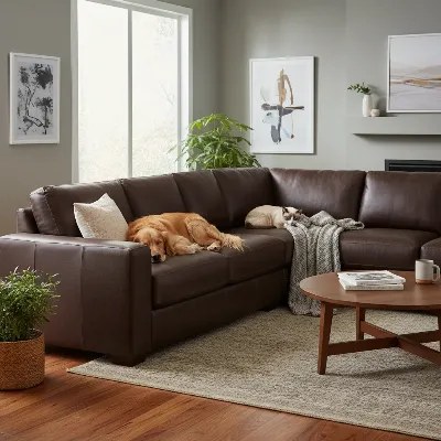 A cozy living room featuring a durable, dark brown leather sectional sofa, with a Golden Retriever and a Siamese cat comfortably lounging. The room is well-lit and modern, showcasing the sofa's resilient qualities for pet owners.