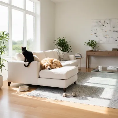 A cozy modern living room with a large pet-friendly sectional sofa, a dog napping on one end, and a cat lounging on an armrest, natural light, warm tones, inviting atmosphere, realistic style