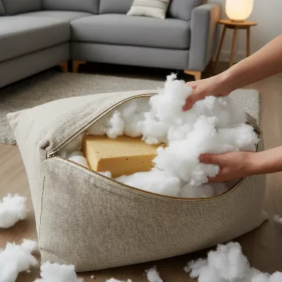 Adding fiberfill to a sectional sofa cushion to restore firmness