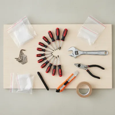 Essential tools laid out for disassembling a sectional sofa, including screwdrivers, wrenches, and plastic bags.