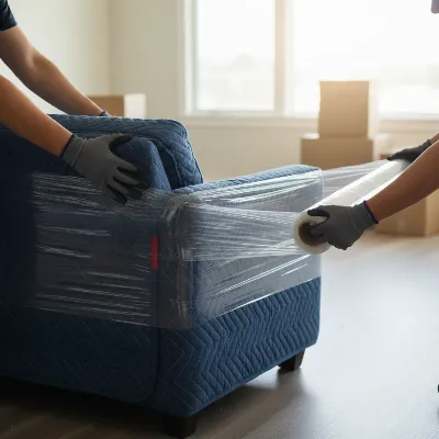 A disassembled sectional sofa piece being carefully wrapped in moving blankets and stretch film for protection.