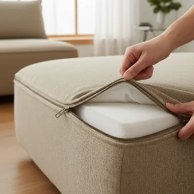 Close-up shot of a person carefully removing a slipcover from a sectional sofa cushion, highlighting the ease of the washing process and quality zippers.