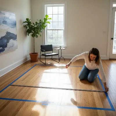 A woman measuring a living room floor with a tape measure, visualizing a sectional sofa layout with blue painter's tape on the floor, surrounded by natural light and contemporary interior design.