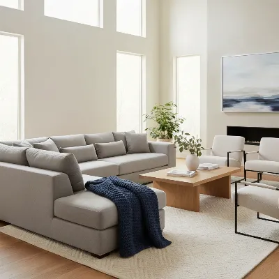 A stylish living room with a light-colored fabric sectional sofa partially covered by a complementary slipcover and decorative throws, showcasing protection and design