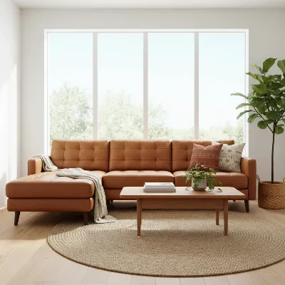 A stylish Article Sven sectional sofa in a modern living room setting with natural light, showing its deep cushions and mid-century design.