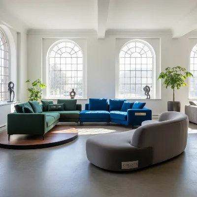 A tastefully arranged gallery of velvet sectional sofa offerings from various leading brands, highlighting their unique designs, plush textures, and diverse color palettes within a modern, airy showroom setting