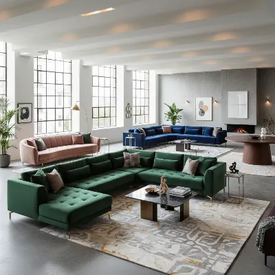 Modern living room featuring various types of velvet sectional sofas, illustrating L-shaped, U-shaped, and curved configurations, in a sophisticated, contemporary style with soft lighting