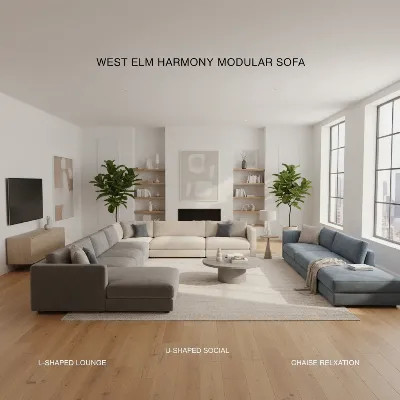 Different configurations of the West Elm Harmony Sectional Sofa, showing modularity and versatility in various room settings.